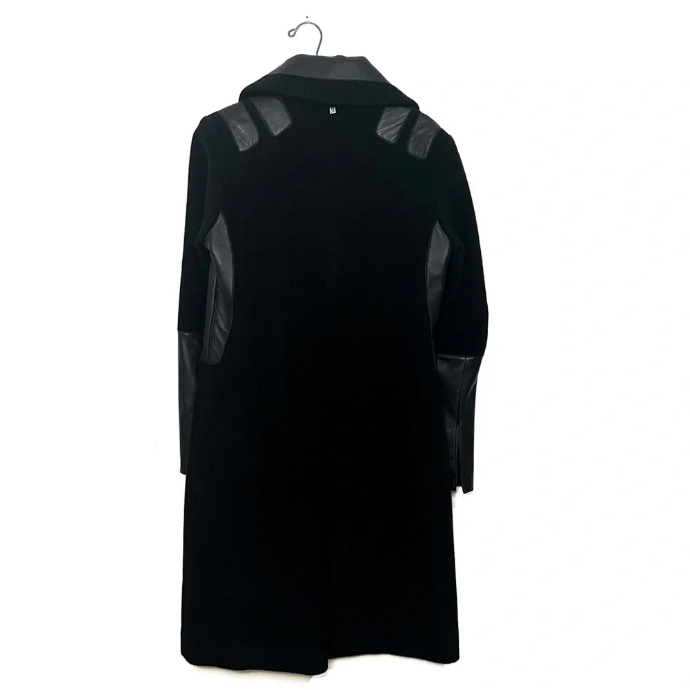 RUDSAK Black Wool Trench Coat with Leather Trim - Picture 2 of 6